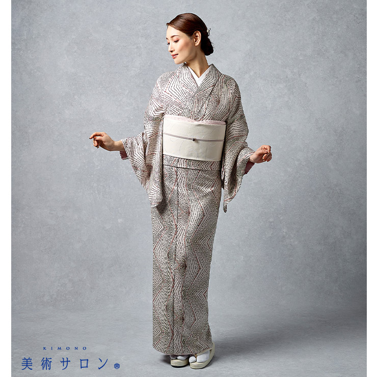 美術サロン 東レシルック 洗える着物 石細美 ベージュ 日本製 幾何学模様 袷 着物 きもの お洒落着 小紋 春秋冬 レディース 女性用 上品 シック 大人 ym601sの画像