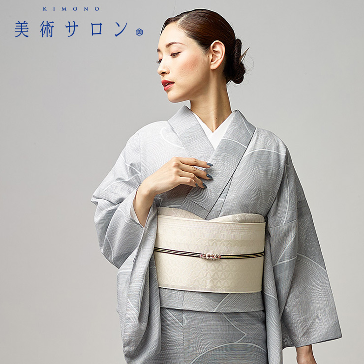 美術サロン] 紗 半幅帯 細帯 市松七宝 (白練色) 日本製 オフホワイト