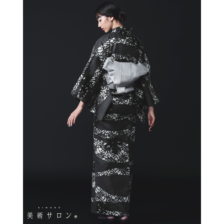 美術サロン 紗 半幅帯 細帯 市松七宝 絹鼠 日本製 ライトグレー 薄灰色 