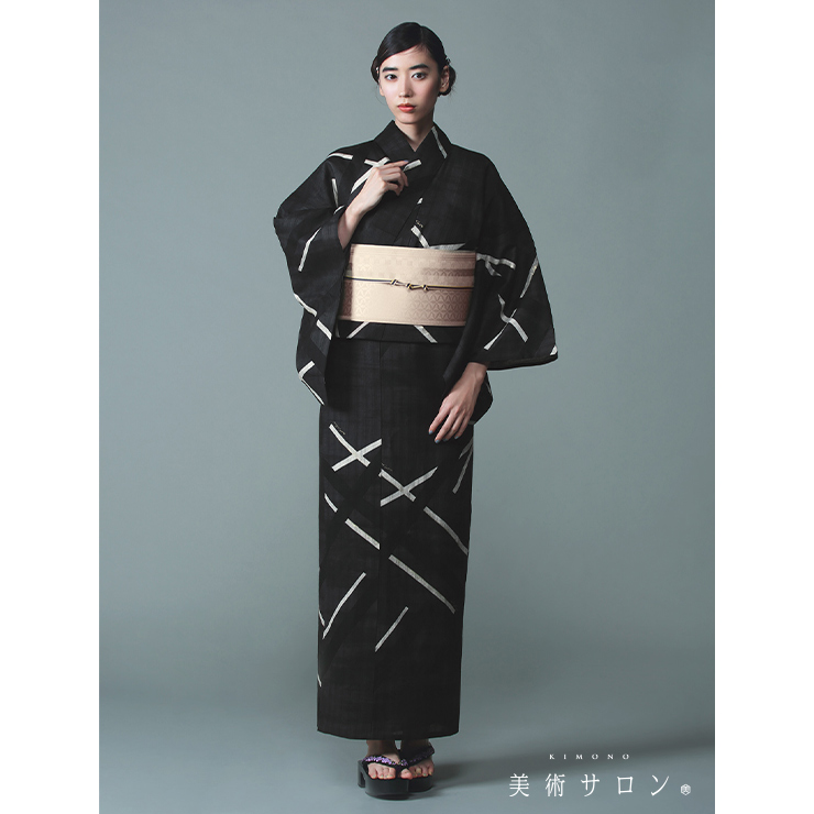 美術サロン] 紗 半幅帯 細帯 市松七宝 (亜麻色) 日本製 ベージュ 半巾