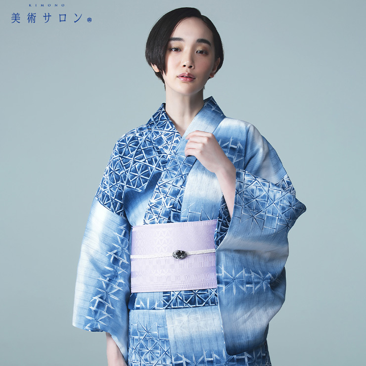 美術サロン 紗 半幅帯 細帯 市松七宝 藤色 日本製 パープル 紫色 半巾