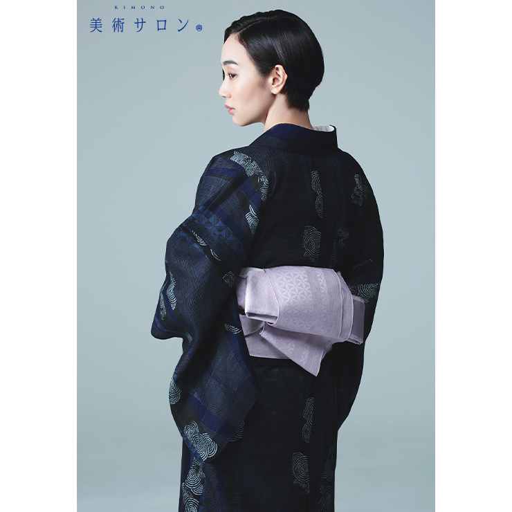 美術サロン 紗 半幅帯 細帯 市松七宝 藤色 日本製 パープル 紫色 半巾