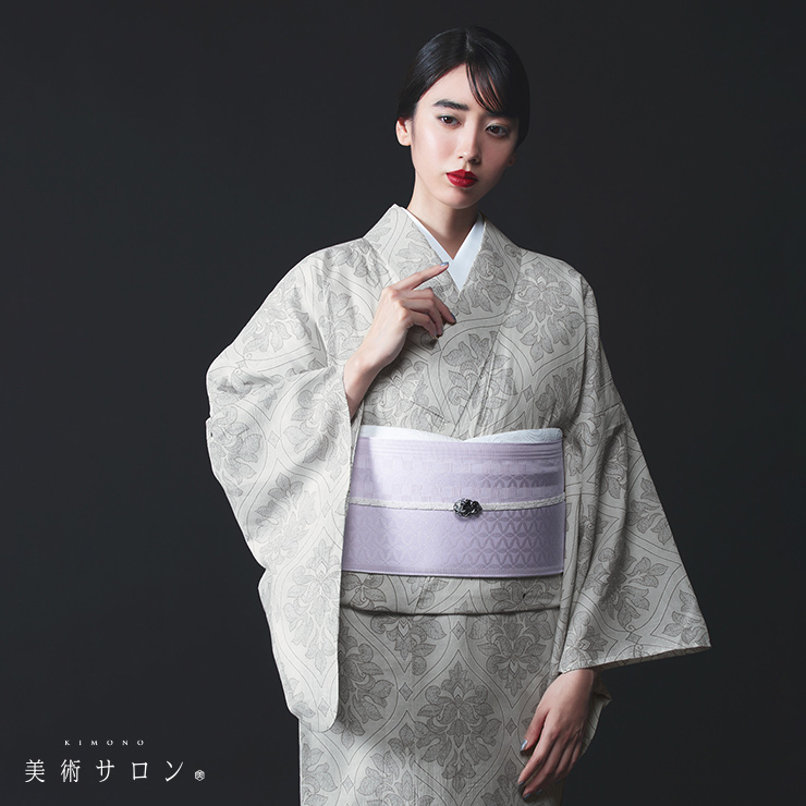 美術サロン 紗 半幅帯 細帯 市松七宝 藤色 日本製 パープル 紫色 半巾
