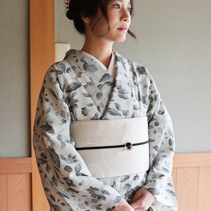 美術サロン 半幅帯 細帯 渦美 オフホワイト 日本製 白色 リバーシブル