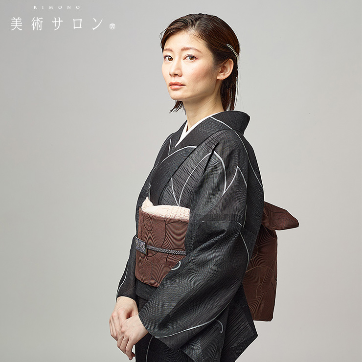 半幅帯 リバーシブル半巾帯 正絹 巾:約15.8cm×長さ:約434cm 紬地 ブラウン系 横縞 麻の葉 唐草 細帯 長尺 小袋帯 オリジナル 仕立て上がり 長さ434cm 【キモノオフ野々市若松店】 日本製] 細帯 半巾帯 長尺 紬風 絹 鳥獣戯画(グレーベージュ 950-2110