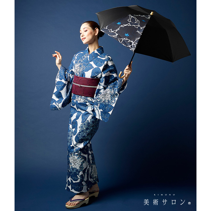 美術サロン 浴衣 藍捺染 知多木綿 麻混 紫陽花 日本製 仕立て上がり