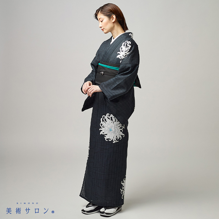 美術サロン 浴衣 重ね染 知多木綿 麻混 一輪 ブラック 黒色 日本製