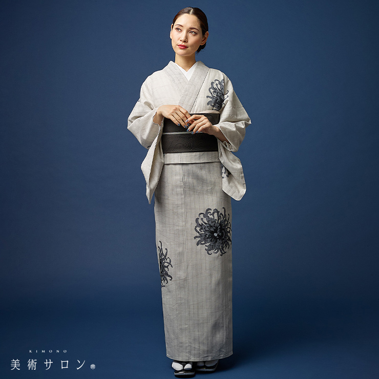 美術サロン 浴衣 重ね染 知多木綿 麻混 一輪 リネンベージュ