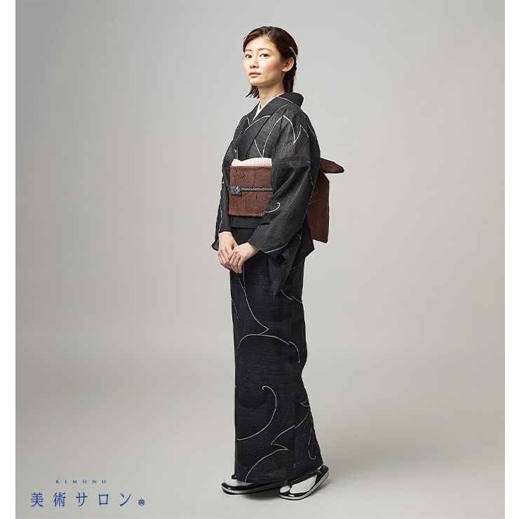 美術サロン 浴衣 細密染 渦美 チャコールブラック 日本製 仕立て上がり ゆかた 黒色 丸 ライン レディース 婦人用 夏 着物 女性用 上品 シック 大人 BS71の画像