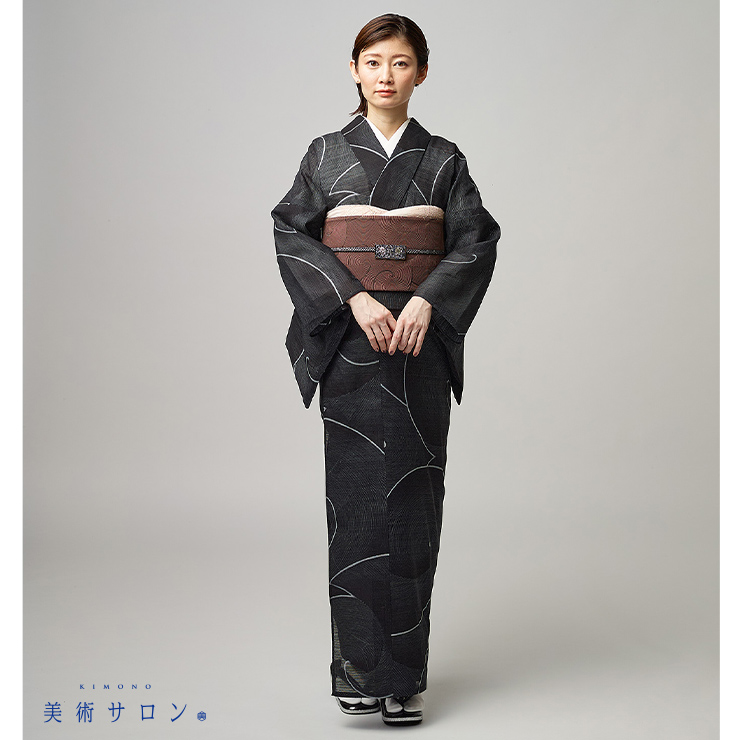 美術サロン 浴衣 細密染 渦美 チャコールブラック 日本製 仕立て上がり ゆかた 黒色 丸 ライン レディース 婦人用 夏 着物 女性用 上品 シック 大人 BS71の画像