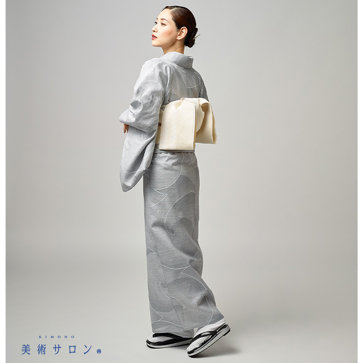 美術サロン 浴衣 細密染 渦美 ライトグレー 日本製 仕立て上がり ゆかた プレタ 灰色 丸 ライン レディース 婦人用 夏 着物 女性用 上品 シック 大人 BS72の画像