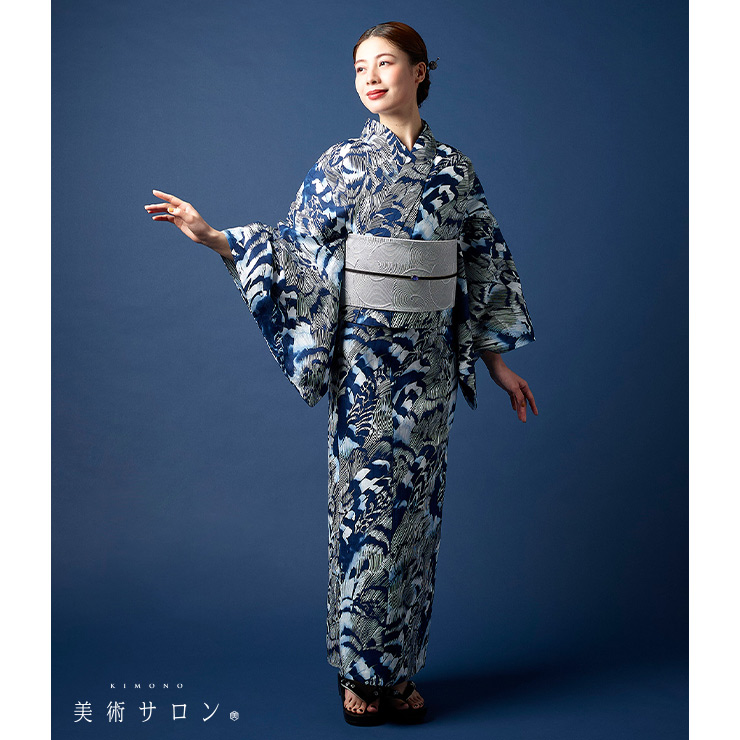 美術サロン 浴衣 藍捺染 知多木綿 麻混 綿麻 羽 日本製 仕立て上がり