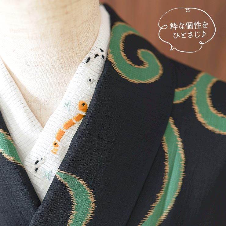 かわいいワンポイント刺繍半衿] 夏用 絽 刺繍 半衿 ちんあなご 本麻 手