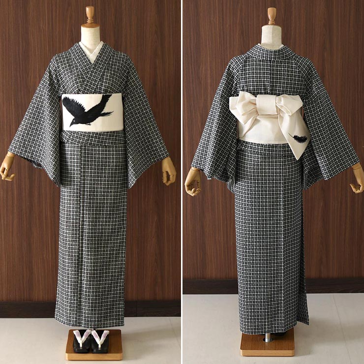 洗える着物 レース レディース きもの 千鳥格子（モノトーン