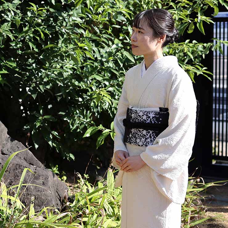 ジャガード きもの ] 洗える 着物 大花 オフホワイト 生成 白 日本製