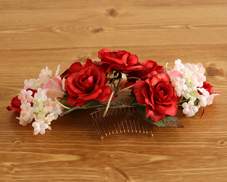 髪飾り ミニバラ 小花 ブーケ コーム (アカ) 赤 レッド ピンク 薔薇