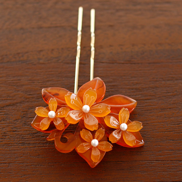 日本製] 髪飾り バチ型 簪 かんざし べっ甲調 リーフ 桜 4輪 (1171