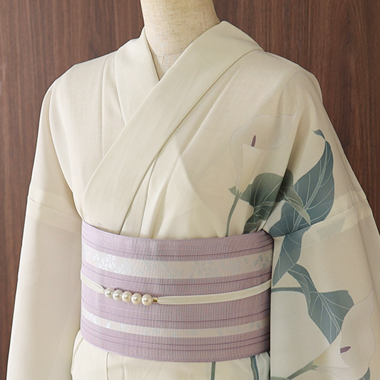 本場筑前「博多織」紗夏帯 - 献上柄 桜 (薄紫) 正絹 半幅帯 単衣帯