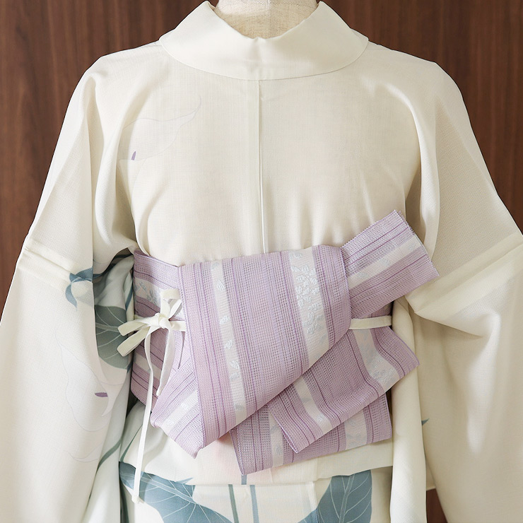 本場筑前「博多織」紗夏帯 - 献上柄 桜 (薄紫) 正絹 半幅帯 単衣帯