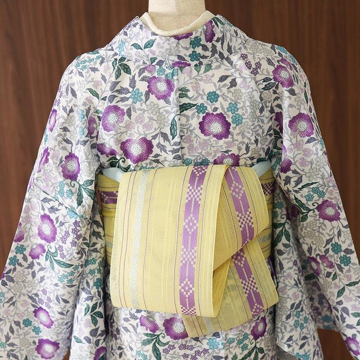 涼しい夏帯] 本場筑前「博多織」紗 夏帯 献上柄 華皿 (黄色) 日本製