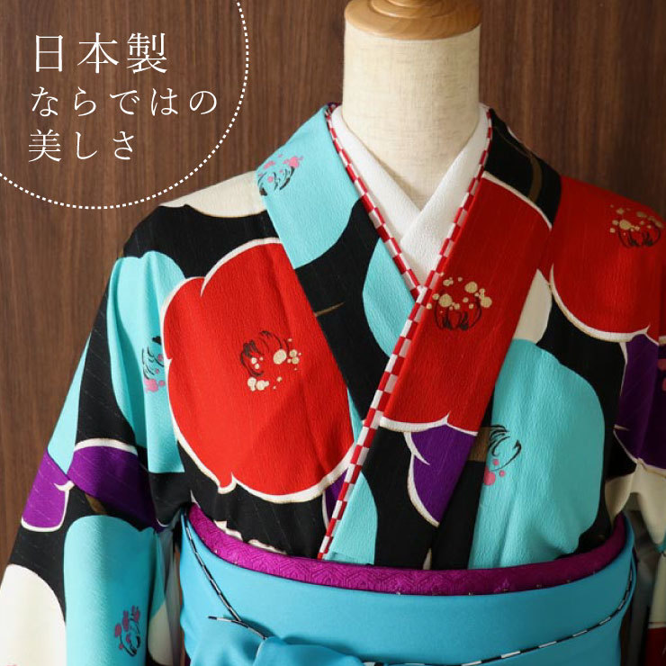 青い花柄と長襦袢、袴、半幅帯、重ね衿、草履の6点セット 卒業式