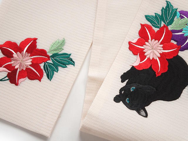 美品　撫松庵・麻　蝶の刺繍帯（写真追加しました） 3108-183-10888main.jpg