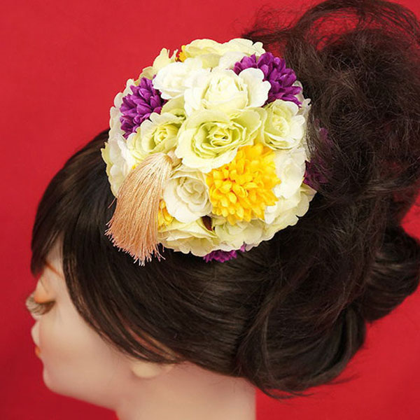 髪飾り コサージュ 簪 - 花くす玉（グリーン） かんざし ヘア 