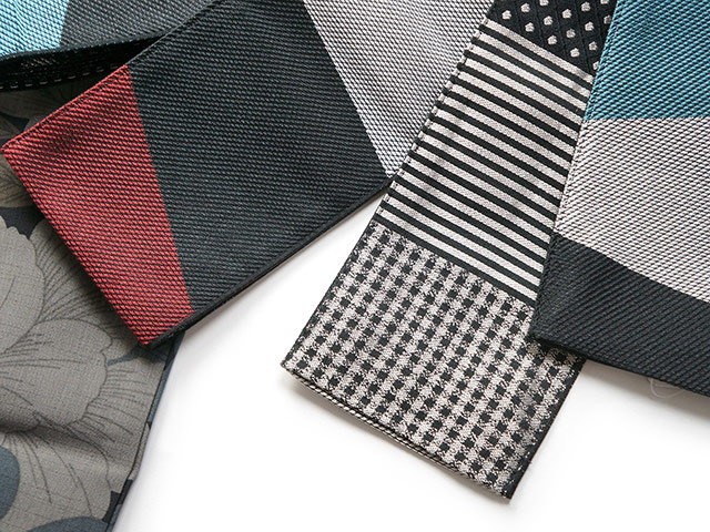 撫松庵】大柄幾何模様とストライプ・ドット等リバーシブル半幅帯 撫松