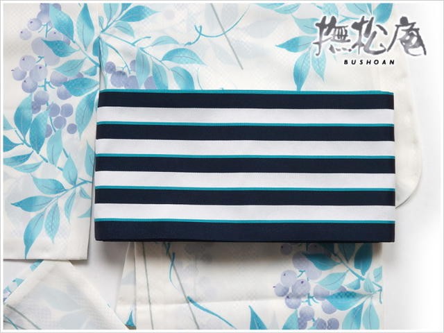 上質本麻素材◆撫松庵風おしゃれな夏の半巾帯『紺地金魚／裏地パステルブルー 楽天市場】＼2点で3％OFFクーポン／[ 夏向け 細帯 ] 半巾帯 鯉
