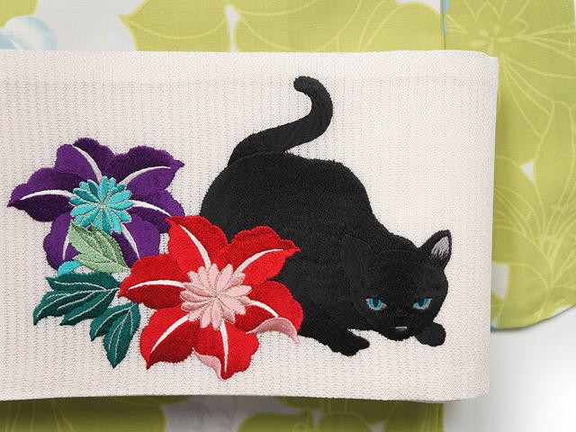 半巾帯 細帯 撫松庵 刺繍 ねこ 白 リバーシブル 無地 浴衣 着物 夏 カジュアル 日本製 : baoh-1301 : 街着屋・きもの遊び・ -  通販 - Yahoo!ショッピング