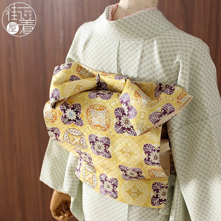 京袋帯 正絹 一重太鼓 葉っぱ切り絵 (淡黄) 日本製 並び紋 並紋 花 木綿