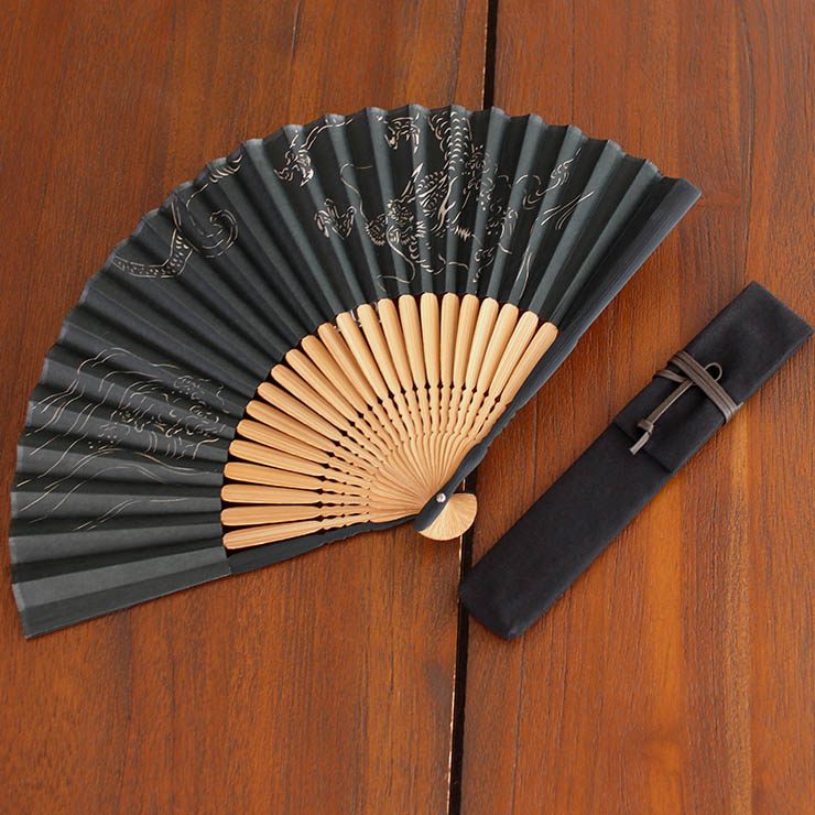 男の扇子 扇袋セット】 透かし（波に龍 3151S） 染骨 切絵 和紙 絹