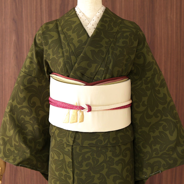 洗える 着物] 小紋 着物 袷 唐草更紗 カーキ 緑 JMA-53 無地感 色無地
