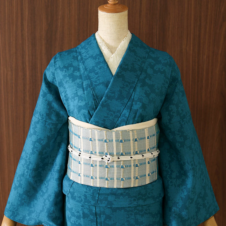 夏きもの] 洗える 着物 単衣 東レセオα 華唐草 (ターコイズ