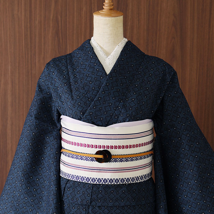 夏きもの] 洗える 着物 単衣 東レセオα 刺し子ステッチ (紺) JM-11