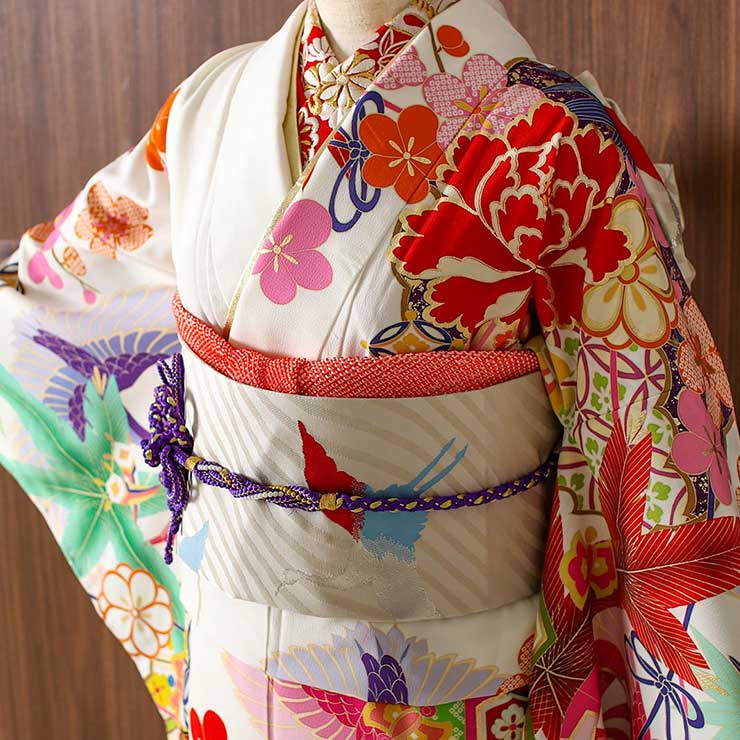 成人式 振袖 7点 鶴に牡丹 白系 全通柄 振袖セット 着物セット 花柄 絵