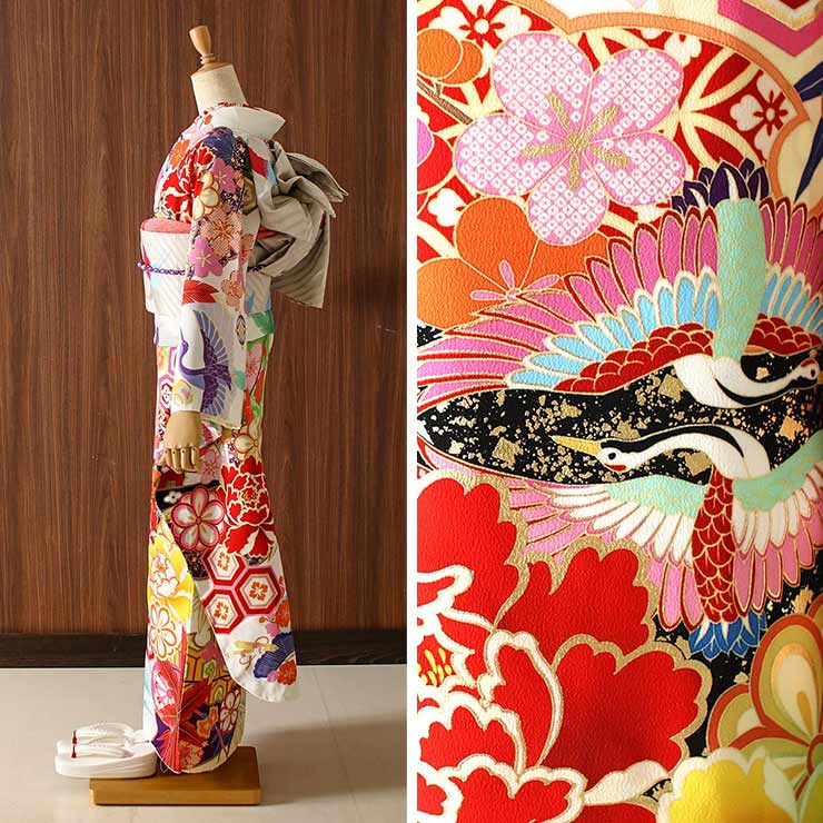 成人式 振袖 7点 鶴に牡丹 白系 全通柄 振袖セット 着物セット 花柄 絵