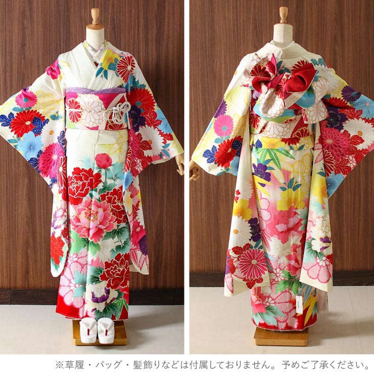 成人式 振袖 7点 牡丹と菊 白 赤 振袖セット 着物セット 花柄 絵羽 帯