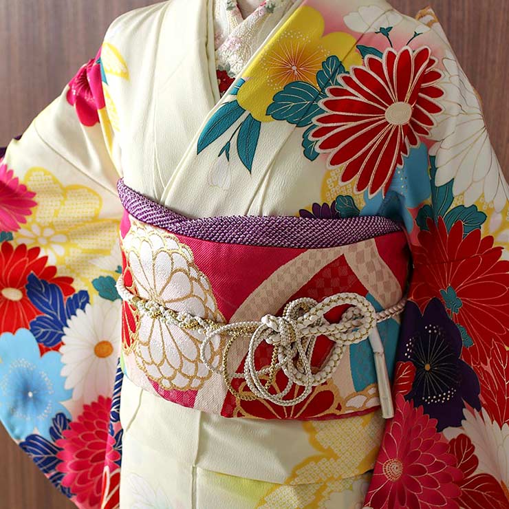 成人式 振袖 7点 牡丹と菊 白 赤 振袖セット 着物セット 花柄 絵羽 帯