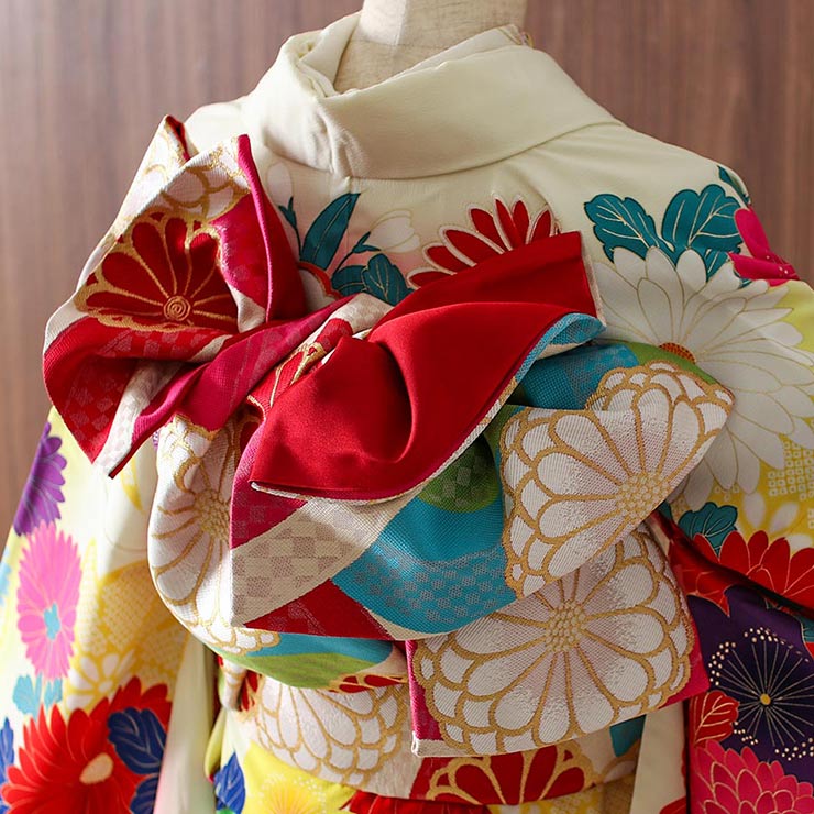 成人式 振袖 7点 牡丹と菊 白 赤 振袖セット 着物セット 花柄 絵羽 帯