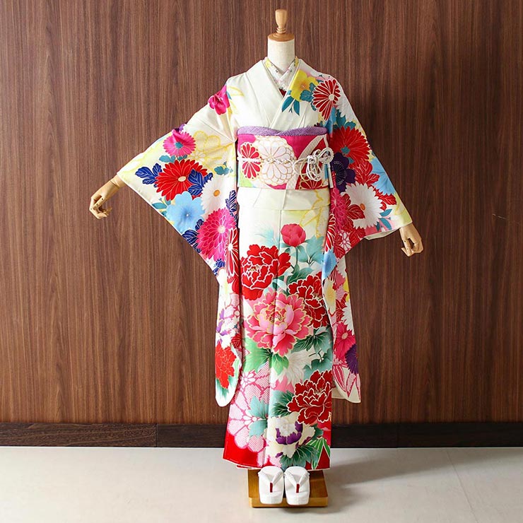 成人式 振袖 7点 牡丹と菊 白 赤 振袖セット 着物セット 花柄 絵羽 帯