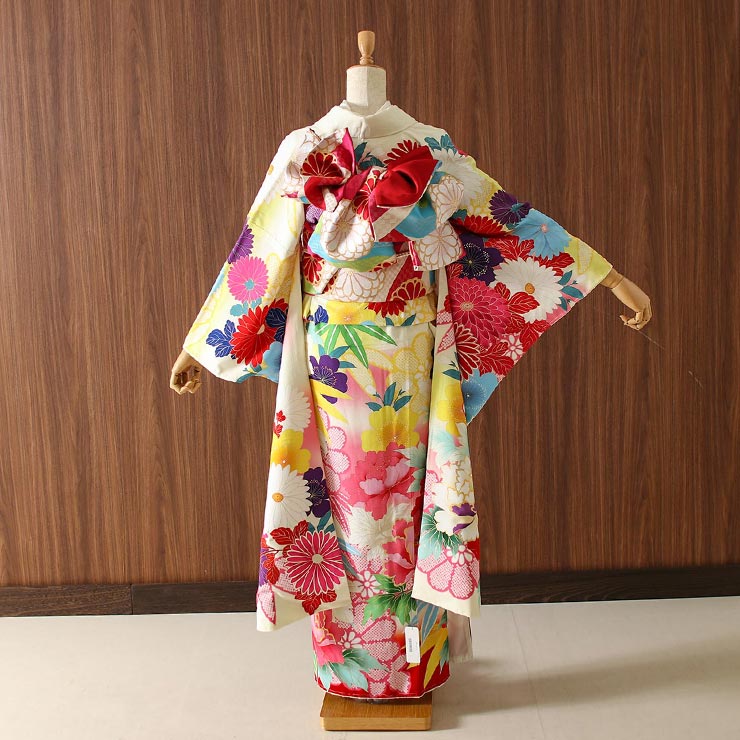 成人式 振袖 7点 牡丹と菊 白 赤 振袖セット 着物セット 花柄 絵羽 帯