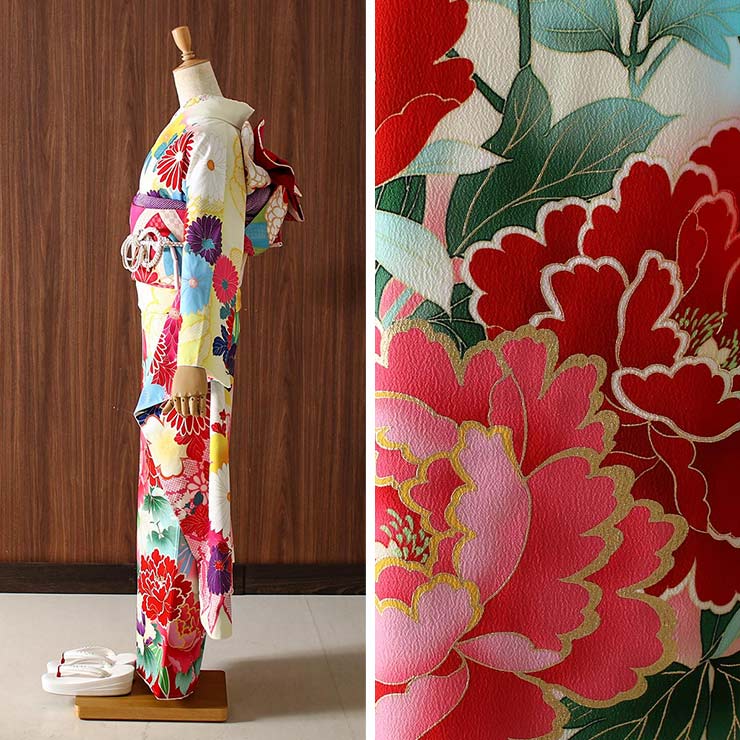 成人式 振袖 7点 牡丹と菊 白 赤 振袖セット 着物セット 花柄 絵羽 帯