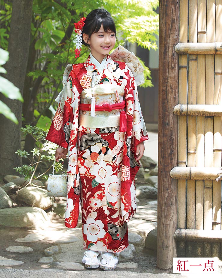 正絹 七五三 7歳 着物セット 女の子 向い鶴に桜と松 赤 SP37 753 販売 フルセット 753 七五三セット