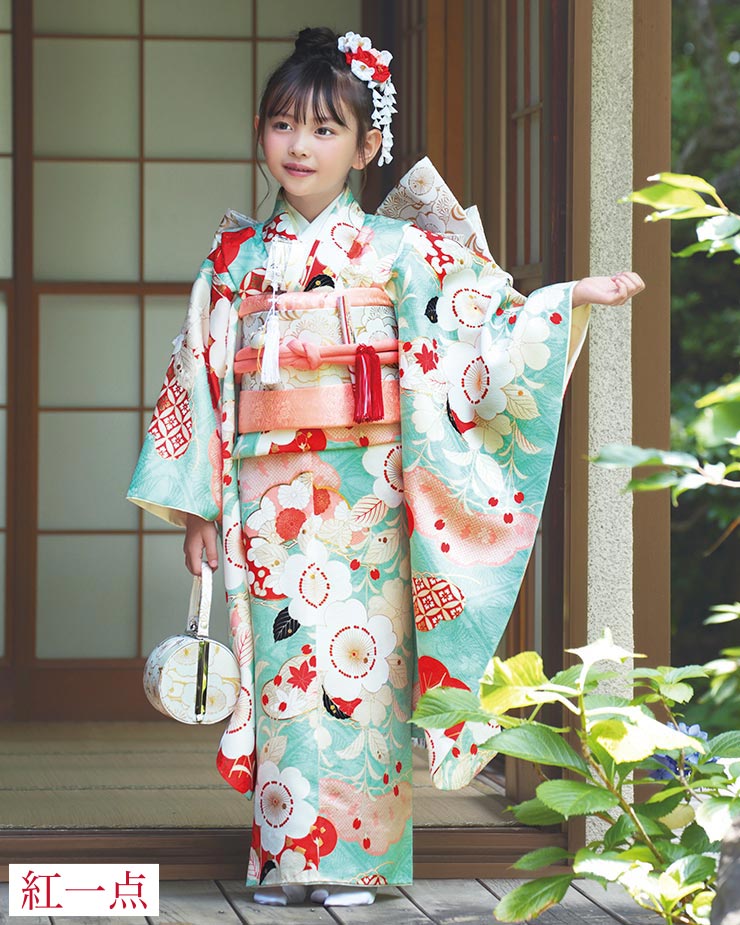 正絹 七五三 7歳 着物セット 女の子 向い鶴に桜と松 水色 SP39 753 販売 フルセット 753 七五三セット