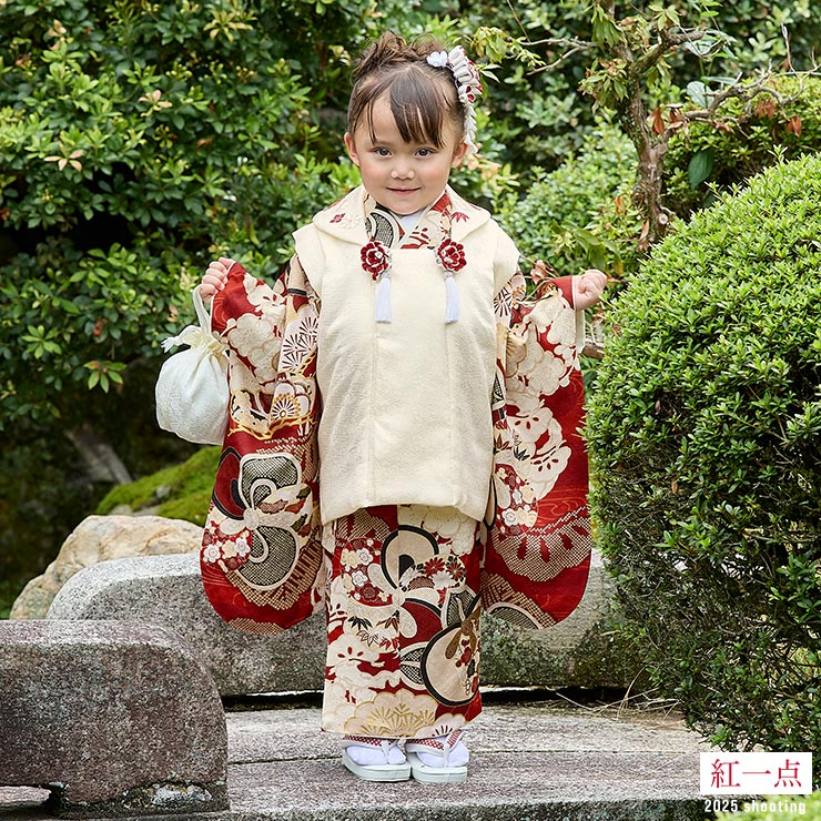 七五三 着物セット 赤 鹿の子　３歳　　　　値下げ 最高級] 七五三 被布 3才用 女児 着物セット 被布セット 正絹 鹿の子松