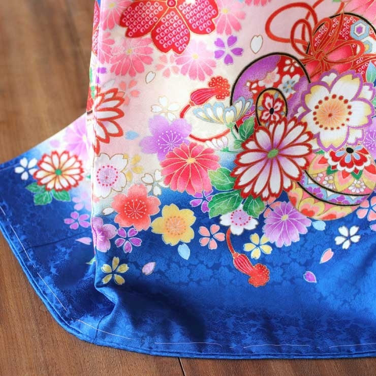 初着 お宮参り 正絹 女の子 産着 鼓と鞠と八重桜 青 一つ身 金刺繍 鈴