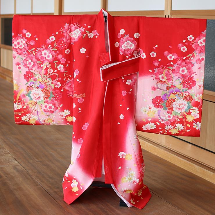 夏用 絽 ] お宮参り 女の子 初着 産着 雪輪に鈴 赤 正絹 一つ身 金刺繍 