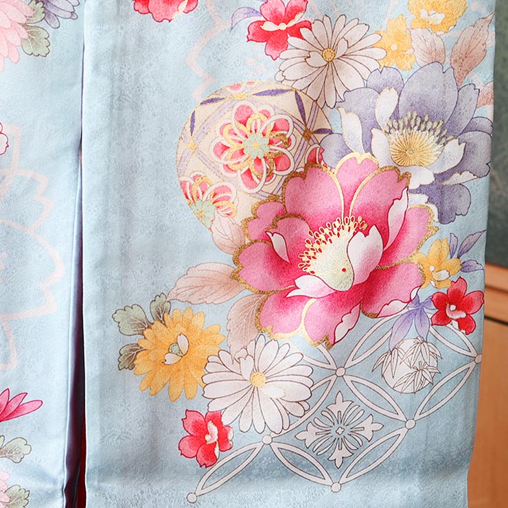 正絹] お宮参り 女の子 初着 産着 牡丹に花寄せ七宝 水色 ブルー 花柄