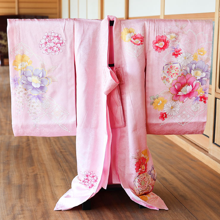 正絹] お宮参り 女の子 初着 産着 牡丹に花寄せ七宝 ピンク 桃色 花柄